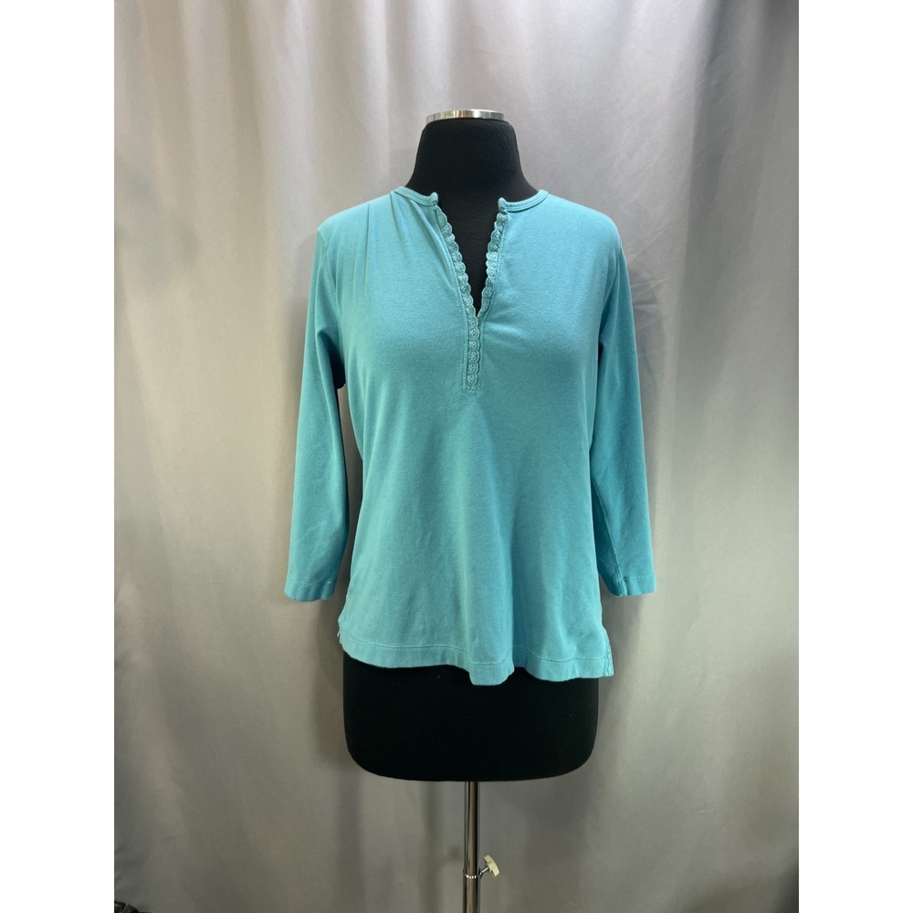 Eddie Bauer Blouse Top Womens Large Blue Cotton Lace Detail Split Neck Side Slit